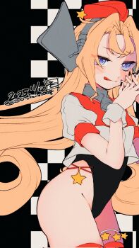 1girl adapted_costume artist_logo black_nails black_one-piece_swimsuit blue_eyes checkered_background coat collar cowboy_shot dated drum_(kancolle) eto_(etonomemo1008) garrison_cap hat headgear highres kantai_collection logo long_hair metal_collar nail_polish one-piece_swimsuit orange_hair own_hands_clasped own_hands_together red_hat red_thighhighs solo star_ornament swimsuit thighhighs tongue tongue_out twitter_username white_coat wrist_cuffs