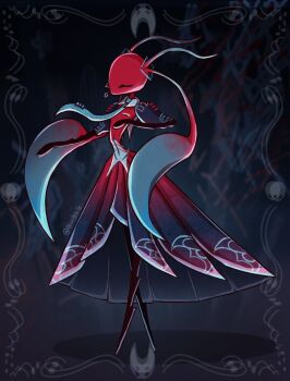 1girl alternate_costume ant_girl antennae aqua_necktie arthropod_girl artist_name black_skin burkicle closed_eyes colored_skin commentary crossed_legs detached_collar detached_sleeves dress english_commentary full_body grey_background hair_ornament hatsune_miku hollow_knight hollow_knight:_silksong microphone necktie red_dress skarrsinger_karmelita_(hollow_knight) solo standing twitter_username vocaloid watson_cross