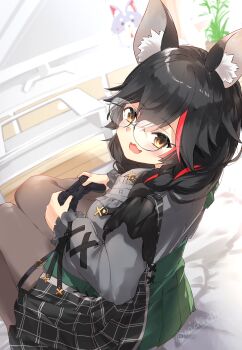 1girl absurdres animal_ear_fluff animal_ears black_hair black_pantyhose black_skirt blush braid center_frills commentary_request controller cross-laced_clothes cross-laced_sleeves double-parted_bangs dualshock fisheye flipped_hair frilled_shirt frilled_sleeves frills from_above game_controller gamepad glasses green_skirt grey_shirt hair_between_eyes highres holding holding_controller holding_game_controller hololive indoors long_hair long_sleeves looking_at_viewer low_twin_braids low_twintails miniskirt multicolored_hair nachio91 official_alternate_costume official_alternate_hairstyle ookami_mio ookami_mio_(8th_costume) open_mouth pantyhose playstation_controller pleated_skirt red_hair shirt skirt solo spiked_hair streaked_hair television thigh_strap twin_braids twintails two-tone_skirt virtual_youtuber wolf_ears yellow_eyes
