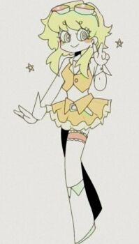 1girl belt blush full_body ghostandpals goggles goggles_on_head green_eyes green_hair gumi multiple_girls shirt short_hair skirt smile solo star_(symbol) third-party_source vocaloid white_background