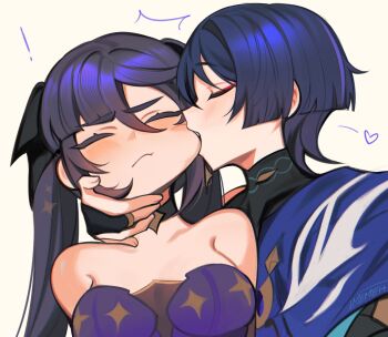 ! 1boy 1girl ^^^ absurdres armpit_crease artist_name asymmetrical_bangs bare_shoulders biting biting_cheek black_bodysuit black_bow black_bridal_gauntlets black_choker black_hair blue_cape blunt_bangs blunt_ends blush bodystocking bodysuit bow breasts bridal_gauntlets cape choker closed_eyes couple earrings eyelashes eyeliner eyeshadow facing_another facing_viewer fingernails genshin_impact gold_earrings gold_ring gold_trim hair_between_eyes hair_bow hand_on_another&#039;s_face hand_on_another&#039;s_neck heart hetero highres jewelry leotard light_blush long_hair makeup mandarin_collar medium_breasts memeh middle_ring mona_(genshin_impact) multicolored_hair nibbling parted_bangs puffy_cheeks purple_hair purple_leotard red_eyeliner red_eyeshadow scaramouche_(genshin_impact) sidelocks star_(symbol) star_choker star_earrings star_print strapless strapless_leotard streaked_hair teeth twintails upper_body upper_teeth_only wanderer_(genshin_impact) white_background white_trim wispy_bangs