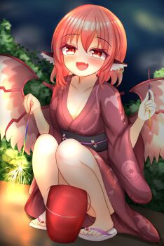 1girl animal_earrings bare_legs bird_wings blush brown_kimono bucket collarbone commentary fang fireworks flip-flops highres holding holding_fireworks japanese_clothes kasoka_soka kimono looking_ahead mystia_lorelei obi outdoors pink_hair sandals sash skin_fang smile solo sparkler squatting toes touhou variant_set wing_ears wings