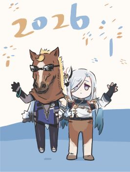 2026 2girls animal_costume arm_up arms_up asymmetrical_gloves blue_eyes bodystocking chibi chibi_only chinese_zodiac closed_mouth commentary_request detached_sleeves dress elbow_gloves full_body genshin_impact gloves grey_hair hair_ornament hair_over_one_eye hand_on_own_hip highres horse_costume horse_mask lifting_person light_smile looking_at_viewer mask multicolored_eyes multiple_girls pantyhose partially_fingerless_gloves purple_eyes shenhe_(genshin_impact) standing straight-on sunglasses xinzoruo year_of_the_horse yelan_(genshin_impact) yellow_eyes