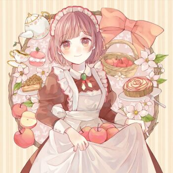 1girl apple apple_pie apple_slice apron basket black_dress blush bow branch brooch closed_mouth commentary_request cowboy_shot cup dress food frilled_apron frills fruit jewelry juliet_sleeves long_sleeves looking_at_viewer maid maid_apron maid_headdress original outside_border pie pie_slice plate pouring puffy_sleeves red_bow red_eyes red_hair saucer short_hair skirt_hold smile solo striped_background teacup teapot tententuyu vertical-striped_background white_apron