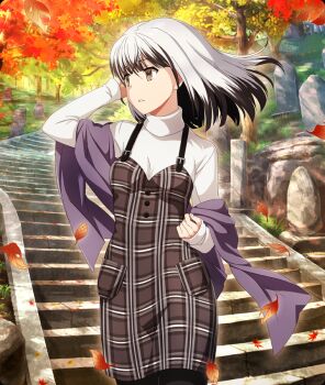 1girl arm_behind_head autumn autumn_leaves black_hair breasts brown_dress brown_eyes buttons colored_tips cowboy_shot dappled_sunlight day dress falling_leaves game_cg grey_hair hand_in_own_hair hand_up leaf looking_to_the_side multicolored_hair official_art outdoors parted_lips pinafore_dress plaid_clothes plaid_dress purple_scarf satsuki_yomi scarf shirt short_hair sleeveless sleeveless_dress sleeves_past_wrists small_breasts solo stairs stone_stairs sunlight teeth third-party_source toji_no_miko toji_no_miko:_kizamishi_issen_no_tomoshibi tree turtleneck turtleneck_shirt white_shirt