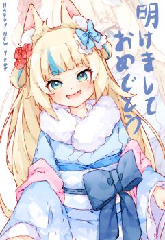 1girl absurdres alternate_costume animal_ears blue_kimono blue_streaks cat_ears highres indie_virtual_youtuber japanese_clothes kimono long_hair looking_at_viewer ma_draws multicolored_hair open_mouth sameko_saba smile solo streaked_hair very_long_hair virtual_youtuber