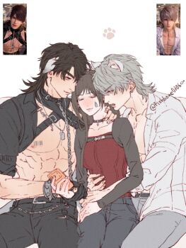 1girl 2boys abs animal_ears arms_around_waist barcode barcode_tattoo black_choker black_hair black_jacket black_pants breasts caleb_(love_and_deepspace) cat_ears choker collarbone cowboy_shot dog_ears dog_tags fishbone0306 game_screenshot_inset grey_hair grey_pants group_sex hair_between_eyes hand_on_another&#039;s_neck hetero highres holding holding_another&#039;s_wrist holding_phone jacket kemonomimi_mode long_hair looking_at_another love_and_deepspace medium_breasts medium_hair mmf_threesome multiple_boys muscular muscular_male official_alternate_hair_length official_alternate_hairstyle open_clothes open_mouth open_shirt pants paw_print pectorals pendant_choker phone protagonist_(love_and_deepspace) red_shirt shirt sitting tattoo teardrop_facial_mark threesome twitter_username white_shirt xavier_(love_and_deepspace)
