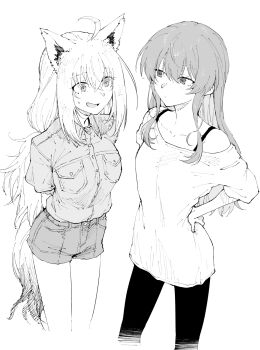 2girls ahoge alternate_costume animal_ears arms_behind_back blush bra_strap breast_pocket breasts casual closed_mouth collared_shirt commentary expressionless feet_out_of_frame fox_ears fox_girl fox_tail greyscale hand_on_own_hip henriiku_(ahemaru) highres hololive hoshimachi_suisei long_hair looking_at_another loose_clothes loose_shirt low_ponytail medium_breasts monochrome multiple_girls nervous_smile off-shoulder_shirt off_shoulder open_mouth pocket ponytail shirakami_fubuki shirt shirt_tucked_in short_sleeves shorts sidelocks simple_background small_breasts smile standing sweatdrop tail virtual_youtuber white_background wing_collar