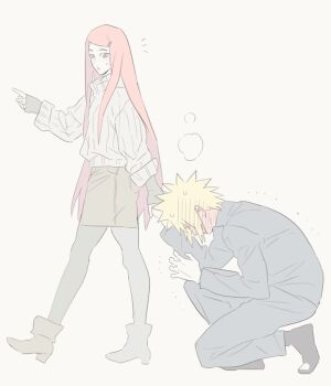 1boy 1girl black_jacket black_pants black_pantyhose black_shoes blonde_hair blue_eyes blush boots clenched_hand couple full_body geonseung green_skirt grey_sweater hair_ornament hairclip heavy_breathing hetero holding_hands jacket long_hair looking_at_another namikaze_minato naruto_(series) on_one_knee open-toe_shoes pants pantyhose parted_lips pointing red_hair shoes short_hair skirt spiked_hair straight_hair sweatdrop sweater swept_bangs turtleneck turtleneck_sweater uzumaki_kushina