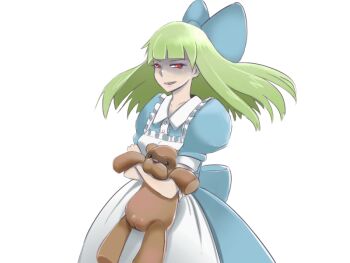 Rule 34 | 1girl, black alice, blonde hair, female focus, mon-musu quest!, monster girl, red eyes, ribbon, simple background, solo, stuffed animal, stuffed toy, teddy bear, white background, wizard898