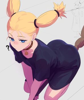 1girl ? absurdres anonds31 ass black_dress blonde_hair blush breasts broom broom_riding commentary dress grey_background highres jewelry jujutsu_kaisen looking_at_viewer necklace nishimiya_momo short_hair simple_background small_breasts solo twintails