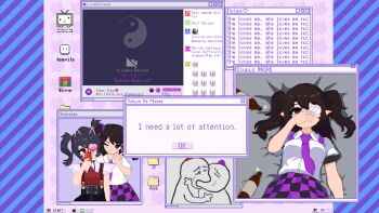 Rule 34 | 1up, 2girls, ame-chan (needy girl overdose), aseprite (software), black eyes, black hair, black skirt, bomb item (touhou), brown eyes, brown hair, checkered clothes, checkered skirt, chuunibyou, cirno, collared shirt, commentary, cowboy shot, crossover, custard flan, english text, eyepatch, fumo (doll), himekaidou hatate, long hair, looking at viewer, medical eyepatch, meme, microsoft windows, multiple girls, necktie, needy girl overdose, niconico, one eye closed, open mouth, p-chan, pixel art, point item (touhou), pointy ears, power item (touhou), purple necktie, purple skirt, red shirt, selfie, shirt, short sleeves, skirt, smile, suspender skirt, suspenders, terebi-chan, touhou, twintails, w, white shirt, window (computing), windows 98, windows classic, winrar, yin yang, yoshi and toad kissing (meme)