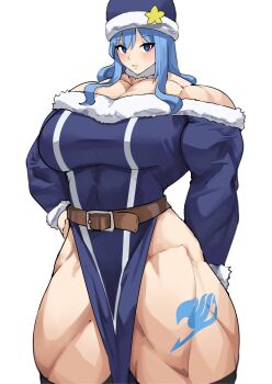 Rule 34 | 1girl, absurdres, bare shoulders, blue eyes, blue hair, blush, breasts, fairy tail, female focus, hand on own hip, hat, highres, juvia lockser, large breasts, leg tattoo, long hair, looking at viewer, matching hair/eyes, musctonk, muscular, muscular female, solo, tattoo, thick thighs, thighhighs, thighs