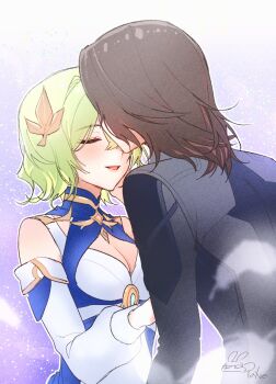 Rule 34 | 1boy, 1girl, arm at side, artist name, blue dress, blush, breasts, brown hair, cleavage, closed eyes, coat, couple, curly ends, detached sleeves, dress, eyelashes, facing another, genshin impact, green hair, grey coat, grey sleeves, hair ornament, hashtag-only commentary, hetero, highres, implied kiss, layered dress, leaning forward, leaning on person, medium breasts, open mouth, pink lips, purple background, rerir (genshin impact), short hair, signature, single hair intake, tane (137), tholindis (genshin impact), white dress, white sleeves