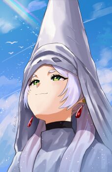 1girl absurdres alaniz_(lafertealanis) bird blue_sky capirote closed_mouth day earrings frieren green_eyes highres jewelry meme outdoors sky smile solo sousou_no_frieren twitter_username upper_body upward_angle_frieren_drawing_(meme)