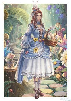 1girl aerith_gainsborough animal_ears artist_name basket blue_dress border bow bowtie braid braided_ponytail breasts brown_hair center_cross_lace commentary cup dated dress easter_egg egg english_commentary final_fantasy final_fantasy_vii final_fantasy_vii:_ever_crisis flower footwear_bow frills full_body gloves green_eyes hair_flower hair_ornament hat highres holding holding_basket kay-i layered_skirt layered_sleeves leaf long_hair looking_at_viewer magic mary_janes medium_dress outdoors path pink_lips rabbit_ears road shoes skirt small_breasts socks standing teacup white_border white_socks