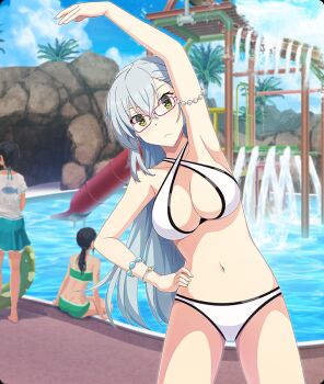 3girls aqua_skirt arm_up armpits bead_armlet beads bikini black_hair blue_sky bracelet breasts cave cleavage closed_mouth clothes_writing cloud cloudy_sky cowboy_shot criss-cross_halter day dot_nose game_cg glasses green_bikini grey_hair halterneck hand_on_own_hip holding holding_swim_ring innertube jewelry kitora_mirja large_breasts long_hair looking_at_viewer low_ponytail multiple_girls navel official_art outdoors ponytail pool purple-framed_eyewear shirt sitting skirt sky soaking_feet solo_focus standing stretching swim_ring swimsuit third-party_source toji_no_miko toji_no_miko:_kizamishi_issen_no_tomoshibi very_long_hair waterpark white_bikini white_shirt yellow_eyes