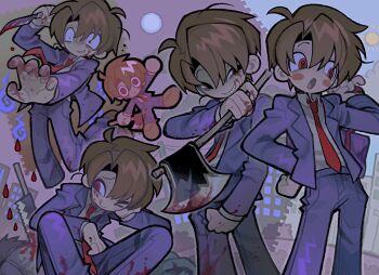 1boy axe bag blue_jacket blue_pants brown_hair chibi commentary english_commentary evil_smile highres holding holding_axe holding_bag holding_knife holding_weapon jacket knife multiple_expressions multiple_views murder necktie one_eye_closed original pants red_necktie school_uniform short_hair smile smirk tonkatsu184 weapon