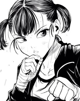 1girl commentary_request eyelashes fighting_stance flying_sweatdrops hand_wraps highres jacket lee_(dragon_garou) light_blush monochrome original parted_lips portrait short_twintails solo sweat twintails