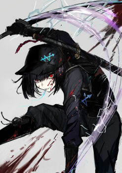 Rule 34 | 1girl, absurdres, baseball cap, black gloves, black hair, black shirt, black vest, blood, blood on clothes, blood on face, bob cut, chuhaibane, cigarette, gloves, hat, highres, holding, limbus company, logo, long sleeves, pants, project moon, red eyes, ryoshu (project moon), shirt, short hair, simple background, smile, smoking, solo, vest, w corp. (identity) (project moon), weapon, white background