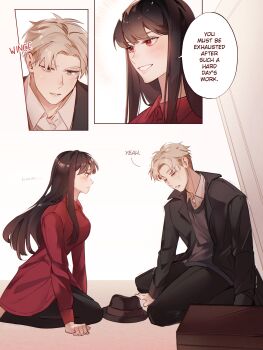 1boy 1girl absurdres black_coat black_hair black_hat black_pantyhose blonde_hair breasts briefcase coat collared_shirt commentary couple dress english_commentary english_text fedora grey_eyes grey_sweater hat highres husband_and_wife ideksams kneeling large_breasts light_blush long_hair looking_at_another pantyhose parted_bangs parted_lips red_dress red_eyes shirt shirt_under_sweater short_hair sidelocks smile spy_x_family sweater twilight_(spy_x_family) unworn_hat unworn_headwear white_shirt yor_briar