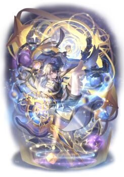 1boy blue_eyes book card copyright_request dice elsword gloves hair_between_eyes highres holding holding_card holding_wand long_sleeves looking_at_viewer por_(_por_tt) short_hair signature smile solo wand