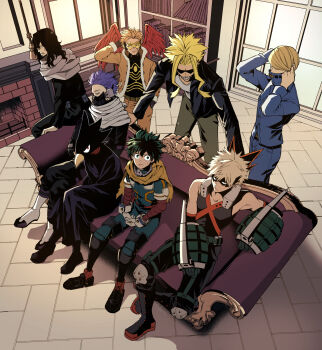 6+boys aizawa_shota animal_head bakugou_katsuki best_jeanist black_boots black_mask black_shirt blonde_hair blue_jacket boku_no_hero_academia bookshelf boots brown_jacket brown_pants cape closed_mouth couch denim fireplace freckles from_above grey_scarf hawks_(boku_no_hero_academia) highres indoors jacket jeans kafuyutns midoriya_izuku multiple_boys pants purple_hair red_wings scarf shinso_hitoshi shirt short_hair sitting tokoyami_fumikage wings yagi_toshinori yellow_cape