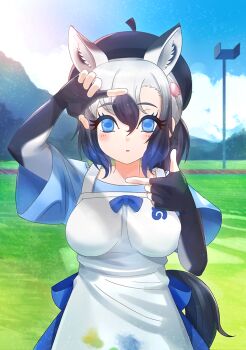 1girl animal_ear_fluff animal_ears apron artist_request asymmetrical_bangs beret black_gloves black_hair blue_bow blue_eyes blue_hair blue_shirt bow breasts cherry_blossoms cloud commentary_request elbow_gloves empty_eyes female_pov finger_frame fingerless_gloves gloves gradient_hair grass hat horse_ears horse_girl horse_tail japari_symbol kemono_friends kemono_friends_3 leaf leaf_on_head looking_at_viewer multicolored_hair official_art open_mouth outdoors paint_splatter ponytail pov running_track shirt short_sleeves solo tail tarpan_(kemono_friends) tight_clothes tree white_apron white_gloves white_hair