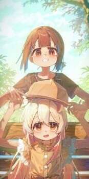 2girls :d absurdres ap04astral bare_arms baseball_cap bench black_shirt blue_hair blue_sky brown_eyes brown_hair buttons commentary day frills grin hair_between_eyes hat highres hozuki_momiji long_hair looking_at_viewer multiple_girls on_bench onii-chan_wa_oshimai! open_mouth outdoors oyama_mahiro pink_hair ponytail shirt short_hair short_ponytail short_sleeves sitting sky smile t-shirt tree