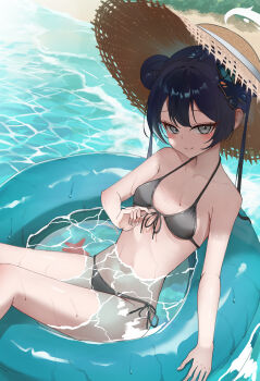 1girl absurdres afloat alternate_costume armpit_crease bare_arms bare_legs bare_shoulders beach bikini black_hair blue_archive blush breasts brown_hat butterfly_hair_ornament closed_mouth collarbone commentary_request cowboy_shot day double_bun fingernails front-tie_bikini_top front-tie_top grey_bikini grey_eyes hair_bun hair_ornament halo hat highres innertube kisaki_(blue_archive) long_hair navel on_innertube outdoors partially_submerged shiraiyu side-tie_bikini_bottom small_breasts smile solo starfish stomach straw_hat string_bikini sun_hat swim_ring swimsuit twintails untying water wet white_halo