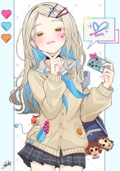 Rule 34 | 1girl, :d, absurdres, bag, black choker, black skirt, blonde hair, blue nails, blue neckerchief, blush, cardigan, cellphone, character doll, choker, colored eyelashes, commentary request, cowboy shot, doll, earphones, earrings, eyelashes, forehead, gakuen idolmaster, hair ornament, hairclip, hands up, happy, heart, heart hair ornament, heart of string, heart sticker, highres, holding, holding phone, idolmaster, jewelry, long hair, looking at viewer, miniskirt, nail polish, neckerchief, open mouth, orange eyes, parallel hairclips, parted bangs, phone, plaid clothes, plaid skirt, pleated skirt, sailor collar, school uniform, serafuku, shinosawa hiro, shoulder bag, simple background, skirt, smartphone, smile, solo, sparkle, speech bubble, spoken object, star (symbol), star hair ornament, star sticker, sticker, sticker on face, stud earrings, tanabata natsuki, teeth, upper teeth only, v, wavy hair, white background, white sailor collar, yellow cardigan