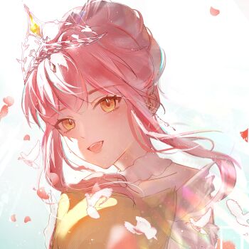 1girl absurdres armor bare_shoulders bird blue_sky breastplate brown_eyes chinese_commentary choker clothing_cutout collarbone commentary_request day dove dress eyelashes floating_hair hair_bun happy highres infinity_nikki lace lace_choker light_blush light_particles light_rays looking_at_viewer melody_bloom_(infinity_nikki) nikki_(nikki) nikki_(series) open_mouth outdoors petals pink_hair qiushui_xi short_hair_with_long_locks short_sleeves shoulder_cutout sidelocks single_hair_bun sky smile solo teeth tiara updo upper_body upper_teeth_only white_choker white_dress