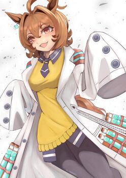 1girl agnes_tachyon_(tach-nology)_(umamusume) agnes_tachyon_(umamusume) ahoge animal_ears black_necktie black_pantyhose blush breasts brown_hair chemical_structure coat cork earrings hair_between_eyes horse_ears horse_girl horse_tail iko_(saikoro_k0702) jewelry lab_coat long_sleeves medium_breasts medium_hair necktie open_mouth pantyhose red_eyes shirt short_necktie single_earring sleeves_past_fingers sleeves_past_wrists smile solo sweater sweater_vest tail test_tube umamusume white_coat wolf_cut yellow_sweater yellow_sweater_vest