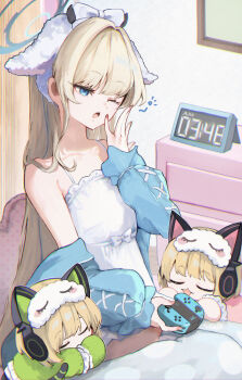 3girls absurdres animal_ear_headphones animal_ears bare_shoulders blonde_hair blue_archive blue_eyes blue_halo blue_jacket cat_ear_headphones cat_ears closed_eyes controller dress fake_animal_ears game_controller green_dress hairband halo headphones highres holding holding_controller holding_game_controller jacket koyuuuuuuuuuuu long_hair midori_(blue_archive) mini_person momoi_(blue_archive) multiple_girls one_eye_closed open_clothes open_jacket open_mouth pink_dress sleep_mask toki_(blue_archive) white_dress white_hairband yawning