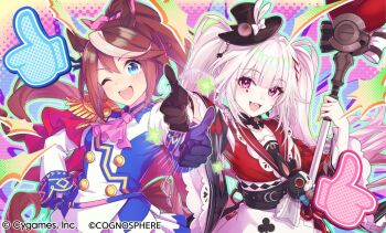 Rule 34 | 2girls, :d, animal ears, artist request, ascot, blue eyes, brown hair, commentary, copyright notice, crossover, english commentary, epaulettes, fang, hand on own hip, hat, holding, honkai: star rail, honkai (series), horse ears, horse girl, long hair, looking at viewer, mini hat, multicolored hair, multiple girls, official art, one eye closed, open mouth, pink ascot, pink eyes, ponytail, single epaulette, skin fang, smile, sparkle (honkai: star rail), sparxie (honkai: star rail), streaked hair, thumbs up, tokai teio (peak joy) (umamusume), tokai teio (umamusume), twintails, umamusume, upper body, white hair