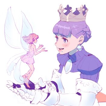 2girls 55bata6rou arlia armored_gloves blunt_bangs braid crown dress earrings fairy fairy_wings gloves gold_crown gradriel highres jewelry juliet_sleeves long_sleeves looking_at_another mini_person minigirl multiple_girls open_mouth pink_hair pointed_crown princess_crown puffy_sleeves purple_eyes purple_hair short_hair simple_background sleeveless sleeveless_dress smile turtleneck white_background white_gloves wings