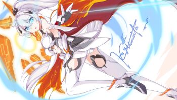 Rule 34 | 1girl, :o, antenna hair, bare shoulders, blue eyes, boots, breasts, cape, clothing cutout, commentary request, cutout above navel, gauntlets, glowing, glowing eye, hair between eyes, hair ornament, highres, honkai (series), honkai impact 3rd, kiana kaslana, kiana kaslana (herrscher of flamescion), kolimiya, large breasts, long hair, looking at viewer, outstretched arm, signature, solo, thigh boots, thighhighs, torn cape, torn clothes, underboob, white background, white boots, white hair