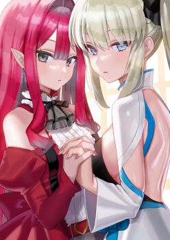 Rule 34 | 2girls, absurdres, baobhan sith (fate), baobhan sith (first ascension) (fate), blue eyes, blush, commentary request, detached sleeves, dress, fg, grey eyes, hair ribbon, highres, holding hands, katashiro, looking at viewer, morgan le fay (fate), morgan le fay (third ascension) (fate), mother and daughter, multiple girls, pink hair, pointy ears, ponytail, red dress, ribbon, white hair