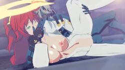 1boy 1girl 3d animated blue_skin breasts breasts_out broken_halo clothed_female_nude_male colored_skin fingerless_gloves gloves green_eyes guilty_gear guilty_gear_strive hairdressing halo happy_chaos hetero imjustthatkinky jack-o'_valentine large_breasts netorare nipples nude on_ground rape red_hair rouge_nine sex sex_from_behind sound sunglasses tagme vaginal video white_hair