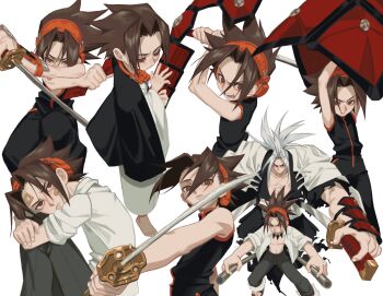 Rule 34 | 2boys, amidamaru, arms up, asakura yoh, bandaid, bandaid on cheek, bandaid on face, brown eyes, brown hair, cbow, collared shirt, commentary request, curtained hair, gauze on forehead, headphones, highres, holding, holding sword, holding weapon, hugging own legs, japanese clothes, jewelry, katana, knees up, male focus, multiple boys, necklace, shaman king, shirt, short hair, simple background, sword, weapon, white background, white hair, white shirt