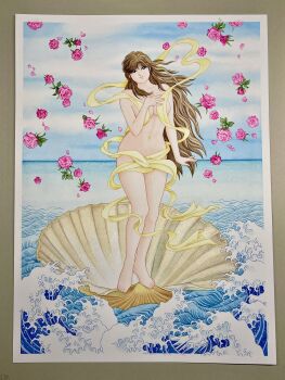 1girl asaoka_natsumi barefoot black_eyes blue_sky breasts brown_hair clam_shell closed_mouth commentary_request completely_nude convenient_censoring falling_flower fine_art_parody flower full_body hagoromo hand_up highres horizon large_breasts long_hair miura_mitsuru navel nude ocean official_artist_extra outdoors parody pink_flower pink_rose rose seashell shawl shell sky smile solo standing the_birth_of_venus the_kabocha_wine traditional_media upturned_eyes very_long_hair waves yellow_shawl