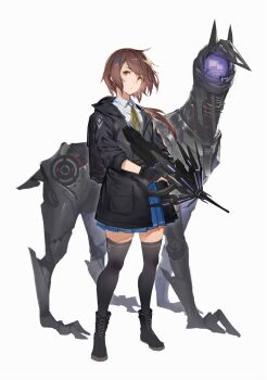 :/ blue_skirt boots brown_hair collared_shirt fingerless_gloves full_body gloves gun hair_ornament hairclip highres holding holding_gun holding_weapon hood hoodie low_ponytail miyajima_hana mogumo necktie non-humanoid_robot pleated_skirt ponytail robot robot_animal robot_dog shirt short_hair simple_background skirt standing thighhighs tokoshie_bullet weapon white_background yellow_eyes zettai_ryouiki