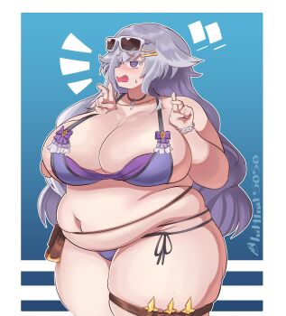 1girl @_@ bag bikini blue_background bracelet breasts choker cleavage double_v embarrassed fat fat_rolls fat_woman flower_knight_girl hair_ornament hairclip hitthat5050 holster huge_breasts jewelry key_pendant long_hair navel open_mouth purple_bikini purple_eyes purple_hair satchel side-tie_bikini_bottom sigillaria_(flower_knight_girl) skindentation solo standing sunglasses sunglasses_on_head sweat swimsuit thick_thighs thigh_holster thigh_strap thighs twitter_username v wavy_hair white-framed_eyewear