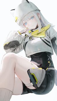 1girl absurdres animal_ear_headwear arknights arknights:_endfield bandaid bandaid_on_face black_shirt black_shorts blue_eyes blush closed_mouth commentary_request cropped_jacket estelle_(arknights) fake_animal_ears fingerless_gloves flippy_(cripine111) gloves hat highres jacket long_hair looking_at_viewer shirt shorts socks solo white_gloves white_hair white_hat white_jacket white_socks