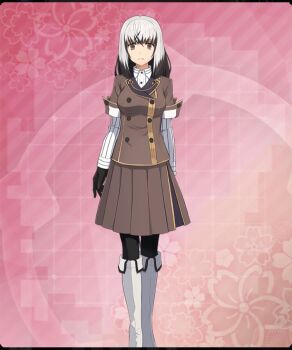 Rule 34 | 1girl, black gloves, black hair, black pantyhose, boots, breasts, brown eyes, brown jacket, brown skirt, buttons, closed mouth, colored tips, dot nose, double-breasted, expressionless, feet out of frame, floral background, game cg, gloves, grey hair, jacket, knee boots, long sleeves, looking at viewer, medium breasts, medium hair, multicolored hair, official art, origami family's elite guard uniform, pantyhose, pink background, pinstripe pattern, pinstripe shirt, satsuki yomi, shirt, short sleeves, skirt, solo, striped clothes, striped shirt, third-party source, toji no miko, toji no miko: kizamishi issen no tomoshibi, vertical-striped clothes, vertical-striped shirt, white boots, white shirt