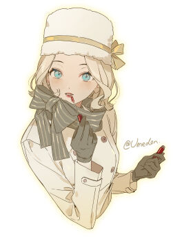 1girl applying_makeup black_gloves blonde_hair blue_eyes bob_cut brown_coat coat evelyn_mora fur_hat gloves hat hat_ribbon highres holding identity_v lipstick long_sleeves looking_to_the_side makeup ribbon scarf shizuka0217 short_hair solo striped_clothes striped_scarf trench_coat twitter_username upper_body white_background winter_clothes