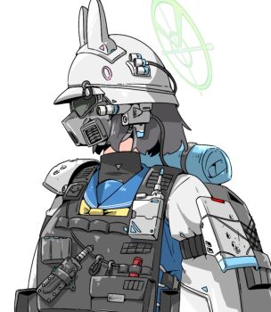 1girl animal_ear_helmet animal_ears animal_helmet armor blue_archive blue_sailor_collar blue_shirt commentary_request fake_animal_ears gas_mask green_halo grey_hair halo helmet karukan2552 looking_to_the_side mask neckerchief rabbit_ears sailor_collar saki_(blue_archive) shirt short_hair shoulder_armor simple_background solo upper_body walkie-talkie white_background white_helmet yellow_neckerchief