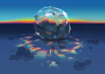 Rule 34 | 1girl, black hair, blue sky, commentary request, crystal, dress, food, nuq, original, outdoors, rainbow, red dress, rock, shrimp, shrimp tempura, sky, solo, tempura, wide shot