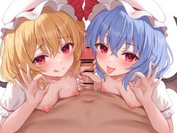 Rule 34 | 1boy, 2girls, :p, :q, bat wings, black wings, blonde hair, blue hair, blush, breasts, commentary request, cooperative handjob, erection, ffm threesome, flandre scarlet, group sex, hair between eyes, handjob, hat, hayasaka (a865675167774), looking at viewer, mob cap, multiple girls, nipples, penis, pov, puffy short sleeves, puffy sleeves, red eyes, remilia scarlet, shimaidon (sex), short hair, short sleeves, siblings, simple background, sisters, small breasts, threesome, tongue, tongue out, touhou, white background, white hat, wings