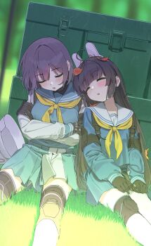 2girls absurdres ahoge animal_ears black_gloves black_hair blue_archive blue_sailor_collar blue_serafuku blue_skirt blush breasts closed_eyes combat_helmet commentary_request fake_animal_ears gloves green_neckerchief hair_between_eyes helmet highres leaf leaf_on_head long_hair medium_breasts medium_hair mitsutsuka miyu_(blue_archive) multiple_girls neckerchief open_mouth pleated_skirt purple_hair rabbit_ears revision sailor_collar saki_(blue_archive) school_uniform serafuku skirt sleeping stahlhelm tactical_school_uniform unworn_headwear unworn_helmet white_sailor_collar yellow_neckerchief